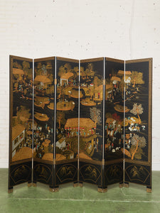 Black Lacquered Wood Gilt Paint and Enamel Antique Chinese Screen