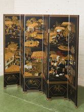 Load image into Gallery viewer, Black Lacquered Wood Gilt Paint and Enamel Antique Chinese Screen
