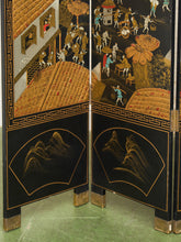 Load image into Gallery viewer, Black Lacquered Wood Gilt Paint and Enamel Antique Chinese Screen
