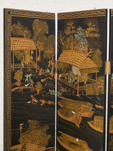 Load image into Gallery viewer, Black Lacquered Wood Gilt Paint and Enamel Antique Chinese Screen
