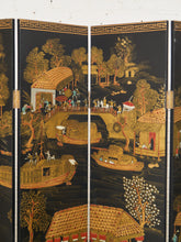 Load image into Gallery viewer, Black Lacquered Wood Gilt Paint and Enamel Antique Chinese Screen
