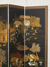 Load image into Gallery viewer, Black Lacquered Wood Gilt Paint and Enamel Antique Chinese Screen
