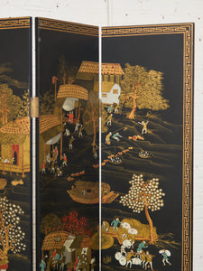 Black Lacquered Wood Gilt Paint and Enamel Antique Chinese Screen