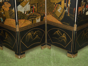 Black Lacquered Wood Gilt Paint and Enamel Antique Chinese Screen