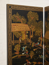 Load image into Gallery viewer, Black Lacquered Wood Gilt Paint and Enamel Antique Chinese Screen
