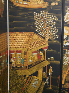 Black Lacquered Wood Gilt Paint and Enamel Antique Chinese Screen