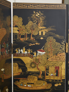Black Lacquered Wood Gilt Paint and Enamel Antique Chinese Screen