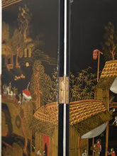 Load image into Gallery viewer, Black Lacquered Wood Gilt Paint and Enamel Antique Chinese Screen
