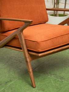 Ziggy Walnut Lounge Chair in Orange Corduroy