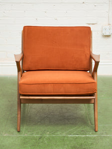 Ziggy Walnut Lounge Chair in Orange Corduroy