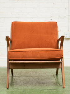 Ziggy Walnut Lounge Chair in Orange Corduroy