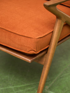 Ziggy Walnut Lounge Chair in Orange Corduroy