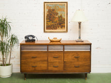 Load image into Gallery viewer, Merton Gershun Style Bassett Mid Century Walnut and Brass Louvered 9 Drawer Dresser
