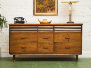 Merton Gershun Style Bassett Mid Century Walnut and Brass Louvered 9 Drawer Dresser
