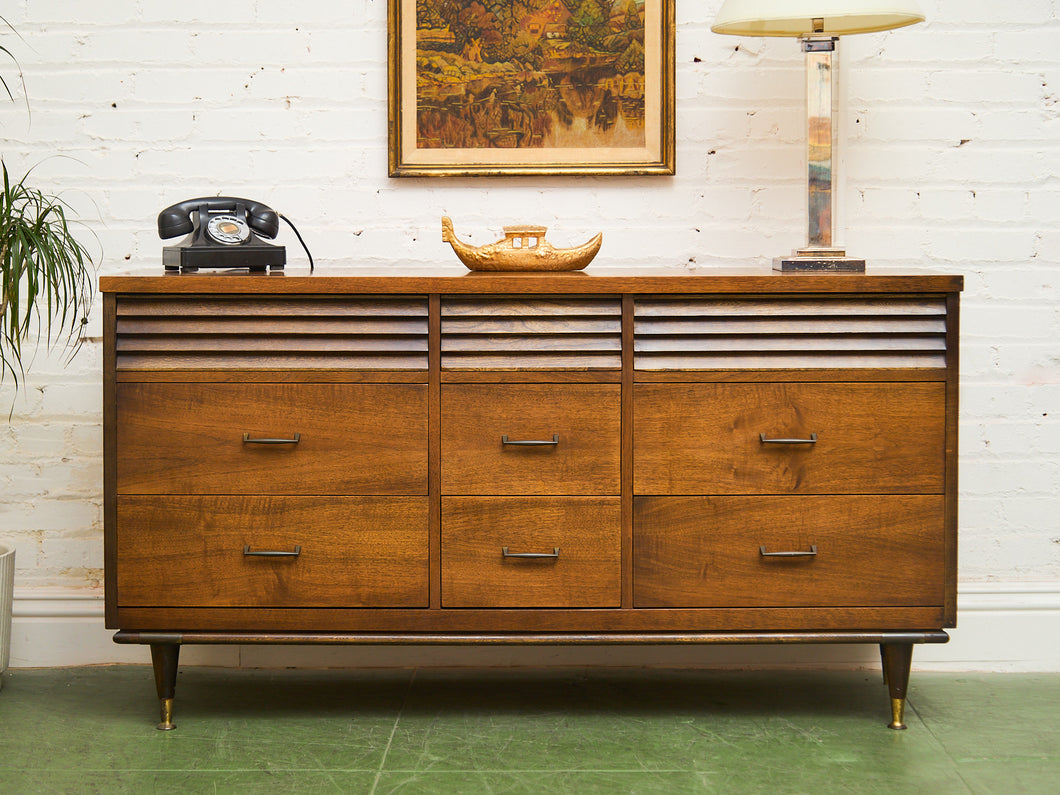 Merton Gershun Style Bassett Mid Century Walnut and Brass Louvered 9 Drawer Dresser