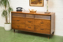 Load image into Gallery viewer, Merton Gershun Style Bassett Mid Century Walnut and Brass Louvered 9 Drawer Dresser
