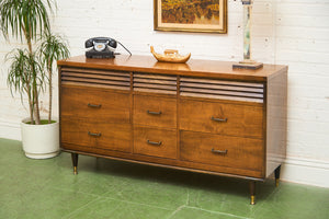 Merton Gershun Style Bassett Mid Century Walnut and Brass Louvered 9 Drawer Dresser