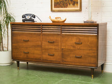 Load image into Gallery viewer, Merton Gershun Style Bassett Mid Century Walnut and Brass Louvered 9 Drawer Dresser
