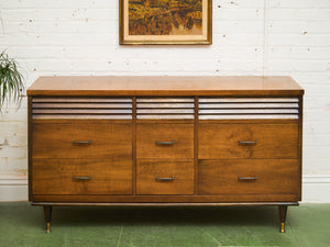 Merton Gershun Style Bassett Mid Century Walnut and Brass Louvered 9 Drawer Dresser