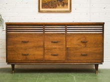 Load image into Gallery viewer, Merton Gershun Style Bassett Mid Century Walnut and Brass Louvered 9 Drawer Dresser
