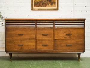 Merton Gershun Style Bassett Mid Century Walnut and Brass Louvered 9 Drawer Dresser
