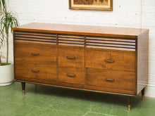 Load image into Gallery viewer, Merton Gershun Style Bassett Mid Century Walnut and Brass Louvered 9 Drawer Dresser
