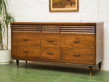 Load image into Gallery viewer, Merton Gershun Style Bassett Mid Century Walnut and Brass Louvered 9 Drawer Dresser
