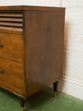 Load image into Gallery viewer, Merton Gershun Style Bassett Mid Century Walnut and Brass Louvered 9 Drawer Dresser

