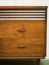 Load image into Gallery viewer, Merton Gershun Style Bassett Mid Century Walnut and Brass Louvered 9 Drawer Dresser
