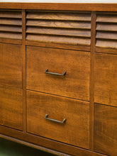 Load image into Gallery viewer, Merton Gershun Style Bassett Mid Century Walnut and Brass Louvered 9 Drawer Dresser
