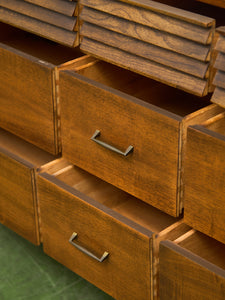 Merton Gershun Style Bassett Mid Century Walnut and Brass Louvered 9 Drawer Dresser