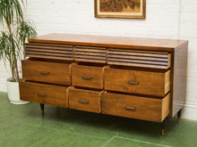 Load image into Gallery viewer, Merton Gershun Style Bassett Mid Century Walnut and Brass Louvered 9 Drawer Dresser

