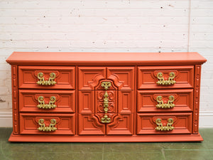 Hollywood Regency Spanish Revival Mid-Century Dresser and Poppy Orange Red