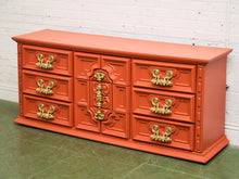 Load image into Gallery viewer, Hollywood Regency Spanish Revival Mid-Century Dresser and Poppy Orange Red

