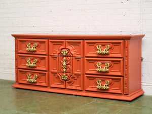 Hollywood Regency Spanish Revival Mid-Century Dresser and Poppy Orange Red
