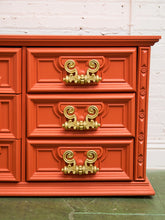 Load image into Gallery viewer, Hollywood Regency Spanish Revival Mid-Century Dresser and Poppy Orange Red
