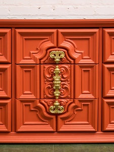 Hollywood Regency Spanish Revival Mid-Century Dresser and Poppy Orange Red
