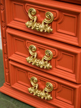 Load image into Gallery viewer, Hollywood Regency Spanish Revival Mid-Century Dresser and Poppy Orange Red

