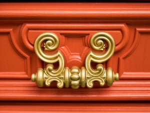 Hollywood Regency Spanish Revival Mid-Century Dresser and Poppy Orange Red