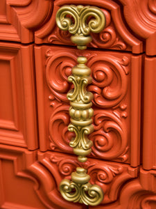 Hollywood Regency Spanish Revival Mid-Century Dresser and Poppy Orange Red