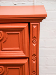Hollywood Regency Spanish Revival Mid-Century Dresser and Poppy Orange Red