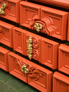Hollywood Regency Spanish Revival Mid-Century Dresser and Poppy Orange Red