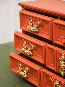 Hollywood Regency Spanish Revival Mid-Century Dresser and Poppy Orange Red