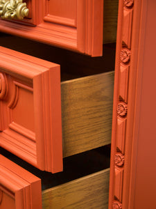 Hollywood Regency Spanish Revival Mid-Century Dresser and Poppy Orange Red