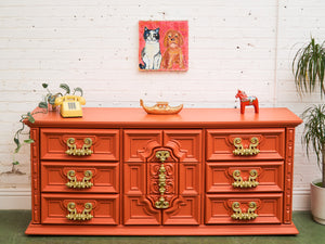 Hollywood Regency Spanish Revival Mid-Century Dresser and Poppy Orange Red