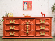 Load image into Gallery viewer, Hollywood Regency Spanish Revival Mid-Century Dresser and Poppy Orange Red
