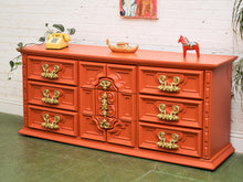 Load image into Gallery viewer, Hollywood Regency Spanish Revival Mid-Century Dresser and Poppy Orange Red
