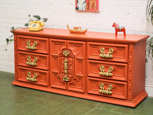 Hollywood Regency Spanish Revival Mid-Century Dresser and Poppy Orange Red