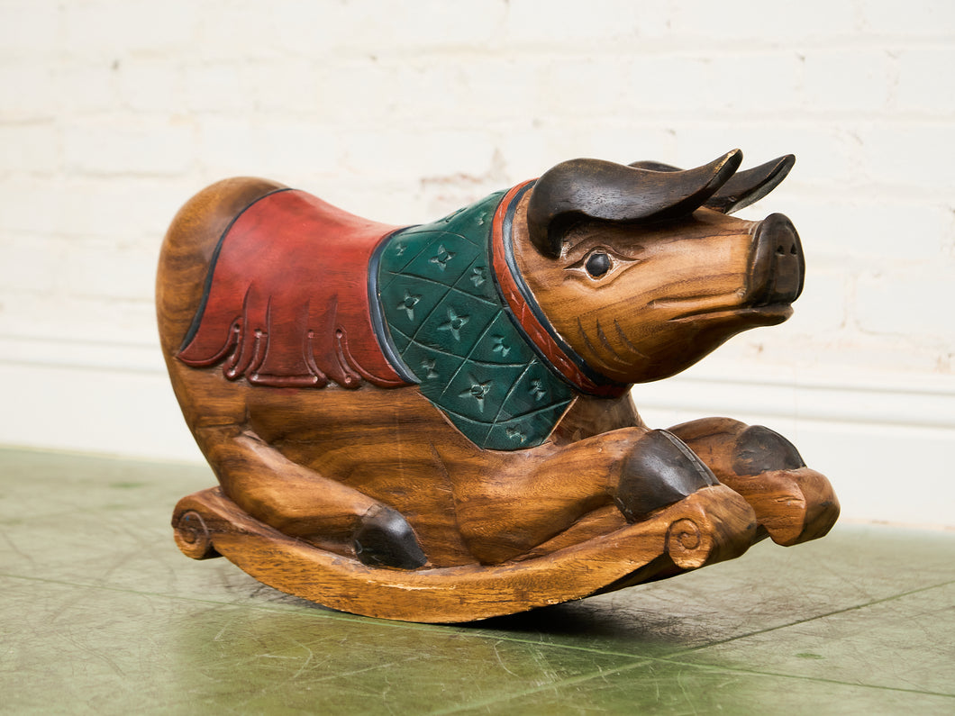 Asian Vintage Super Rare Hand-Carved Wooden Rocking Pig