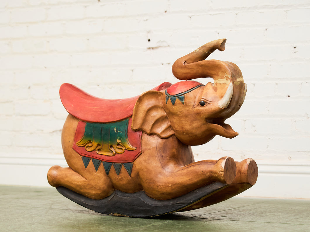 Asian Vintage Super Rare Hand-Carved Wooden Rocking Elephant